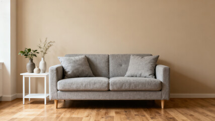 A modern living room featuring a gray sofa, wooden floor, and decorative plants, creating a cozy and minimalist atmosphere.