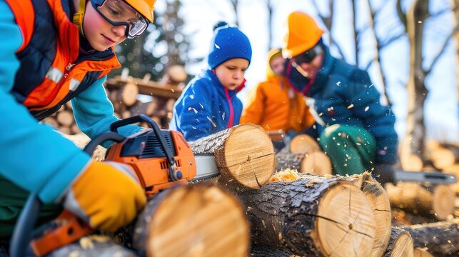 Kids playing lumberjacks: Young boy with toy chainsaw cutting logs, wearing safety gear outdoors, imaginative childhood fun - Powered by Adobe