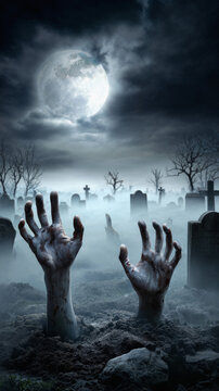 Spooky graveyard scene with haunting full moon