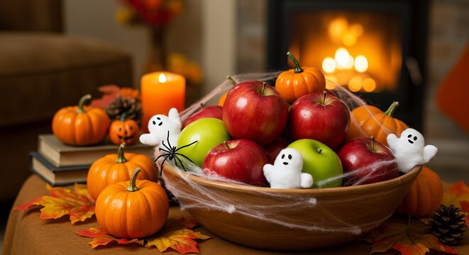 Autumnal Halloween Display with Pumpkins, Apples, and Ghost Decorations Near a Cozy Fireplace