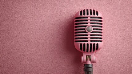 Fototapeta premium Close up view of a pink vintage microphone on a pink textured surface. The microphone has a classic design with a grill.
