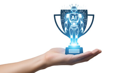 AI Achievement: Robotic Figure in Trophy Held by Human Hand