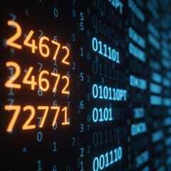 Obraz premium Dynamic digital data stream with glowing orange and blue numbers representing technology and information flow
