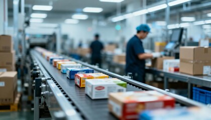 Obraz premium Automated Production Line: Packaging on Conveyor Belt in a Modern Factory Setting for Efficient Manufacturing