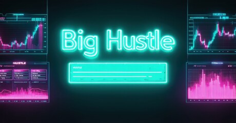 Neon graphics display data visualizations. Text reads Big Hustle. Bright cyan, magenta colors dominate dark background. Minimalist design.