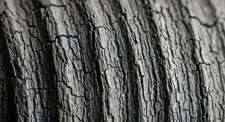 Close-up view of charred wood texture, showing deep cracks and vertical lines.