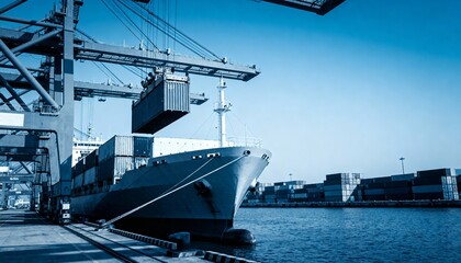 Naklejka premium Container Ship Unloading at Port Terminal with Gantry Crane and Cargo Containers against Blue Sky