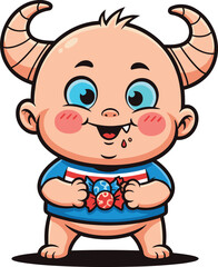 Adorable cartoon baby demon with blue eyes and horns, holding colorful candy, cute Halloween character illustration, playful and fun design.