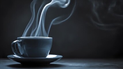 A stylish ceramic coffee cup, filled with steaming hot liquid, releases elegant wisps of vapor against a dark backdrop.