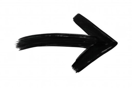 Black hand-drawn paintbrush arrow directing rightward, transparent backdrop, signaling movement or emphasizing visual elements