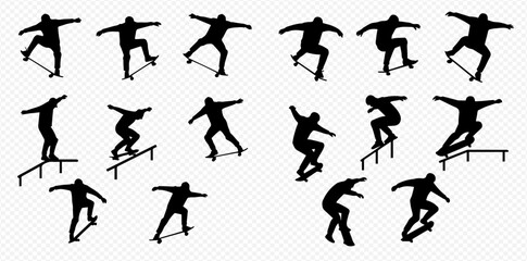 Silhouettes of skateboarders performing various dynamic tricks and stunts on skateboards, including jumps and grinds.