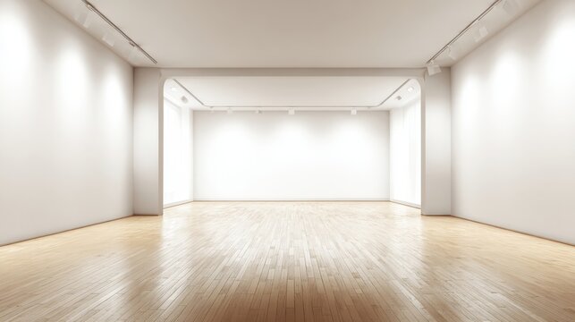 Bright and Spacious Gallery Interior with Clean White Walls and Hardwood Flooring for Art Exhibitions