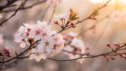 Obraz premium Delicate Cherry Blossoms Blooming in Springtime with Soft Light and Warm Tones