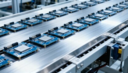 Fototapeta premium Automated Assembly Line: Circuit Boards on Conveyor Belt in Electronics Manufacturing Facility, Emphasizing Technology and Precision