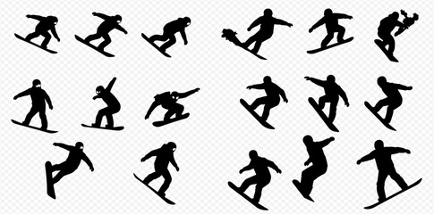 A collection of dynamic black silhouettes showcasing snowboarders performing various jumps, tricks, and riding actions.