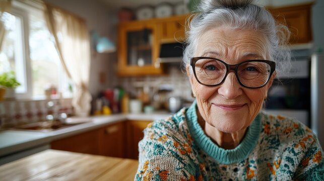 Parental pride shining through elderly grandmother's warm smile in cozy kitchen, gray hair in bun, stylish glasses, colorful knit sweater with natural window lighting
