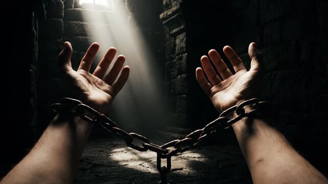 Man's Wrists Chained in a Dark Dungeon With Light Streaming Through Window, Representing Imprisonment and Hope