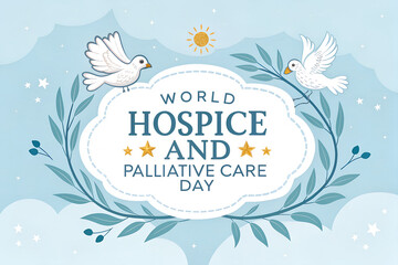 World Hospice and Palliative Care Day – Soft Blue Sky with Doves, Sun, and Ornate Leaf Frame Highlighting Compassionate Support for Serious Illness Care generative ai