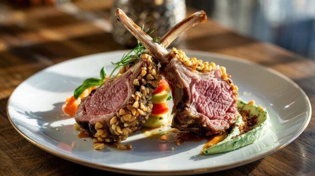 Macadamia crusted lamb rack with golden nut coating arranged on white porcelain plate, medium-rare pink meat with herb garnish and colorful sauce presentation