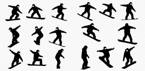 A set of black silhouettes depicting snowboarders in various active and dynamic poses.