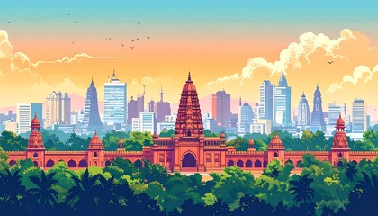 A vibrant illustration of a cityscape, showcasing a blend of ancient architecture and modern skyscrapers, with a serene color palette and lush greenery, perfect for showcasing the juxtaposition of...