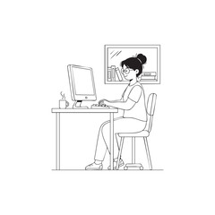 A cartoon illustration of a young woman sitting at a desk and typing on a laptop