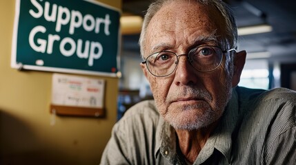 Senior grief support counselor with compassionate eyes and glasses sitting in community center beneath support group sign offering healing guidance