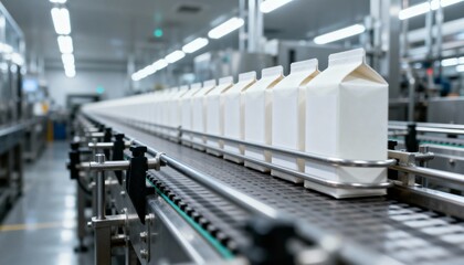 Beverage Cartons on Conveyor Belt in a Modern Food Processing and Packaging Plant