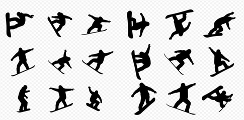 A collection of black silhouettes depicting snowboarders performing various dynamic jumps, turns, and tricks in winter sports.