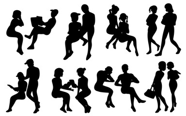 people sitting standing talking reading posses silhouette