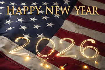 Happy New Year 2026 Celebration – Glowing Gold Text and Sparkler-Style Numerals Over U.S. Flag Background, Blending Patriotism with Festive Energy generative ai