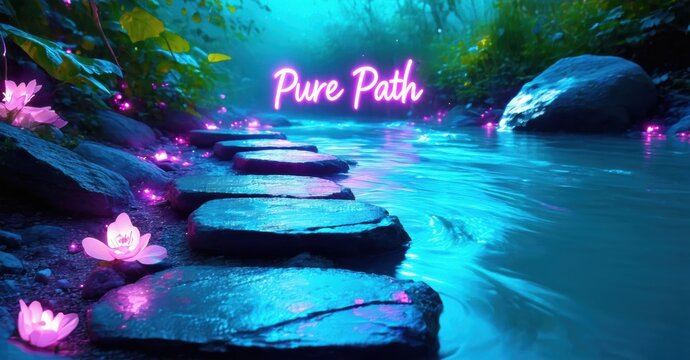 Mystical stream flows past stone steps. Pink lotus flowers glow, creating serene, magical atmosphere. Lush greenery surrounds water. - Powered by Adobe