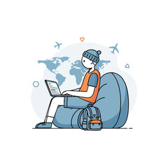 Cartoon illustration of a businessman sitting at a desk and working on his laptop, a vector clip art