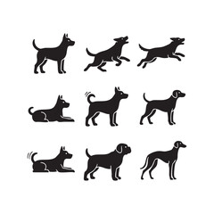 Vector silhouette set of various domestic dogs 