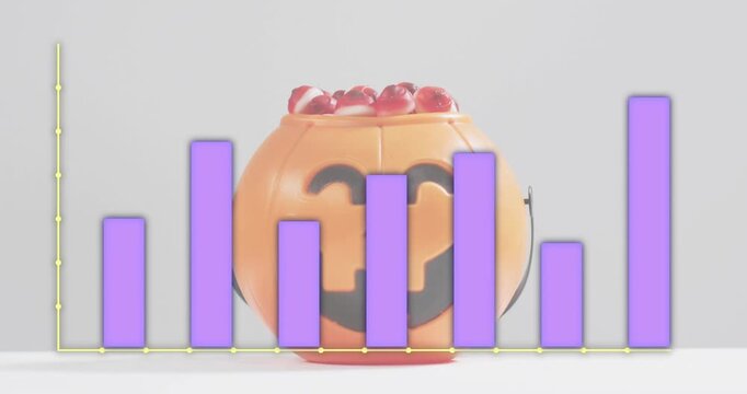 Opening with pumpkin bucket static, purple bars emerging fluctuating collapsing visualizing trends