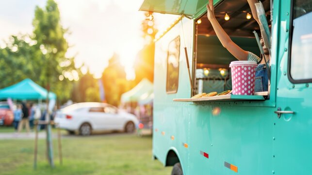 Turquoise food truck serving street food at a sunny outdoor festival during golden hour - Powered by Adobe