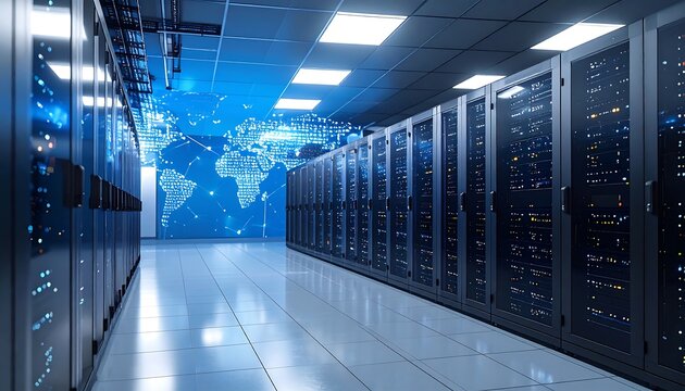 A data center with rows of server racks under bright, cool lighting, a world map adorns the wall, evoking a digital connection