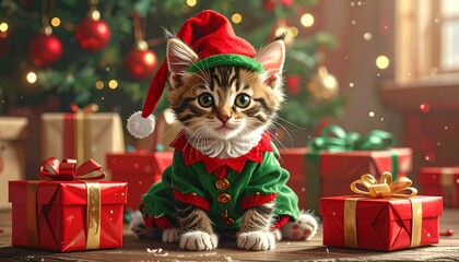 Obraz premium A festive kitten in elf attire sits amidst wrapped gifts before a Christmas tree, exuding holiday cheer