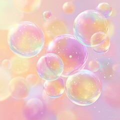 Pastel-hued bubbles float in soft light