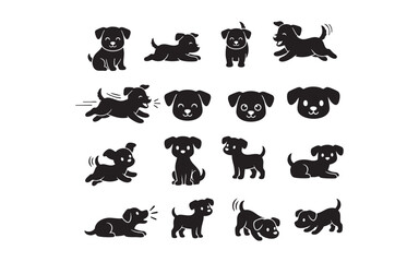 A black vector silhouette of a collection of dogs
