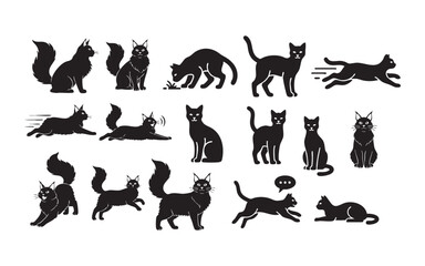 A black vector silhouette collection of cats for design illustrations