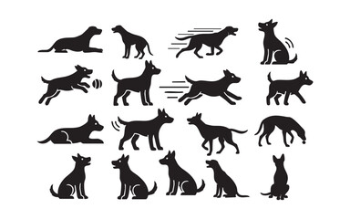 A black vector silhouette set of running wild and farm animals, including dog