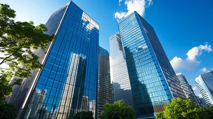 Modern skyscrapers reflecting a clear blue sky, framed by lush greenery