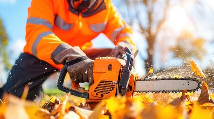 Professional arborist operating a powerful chainsaw outdoors amidst vibrant autumn leaves, wood chips flying. Tree cutting and maintenance.