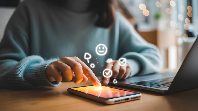 Digital Connection: An intimate scene captures a person engaging with a smartphone. The soft glow of the screen illuminates the warm environment.