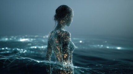 Obraz premium Digital artistic side profile of a person made of glowing lines and dots against a misty ocean background