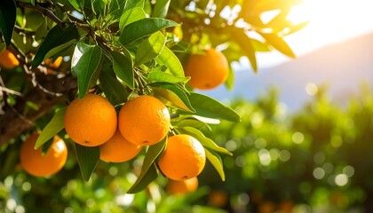 Orange tree in orchard with sunlight