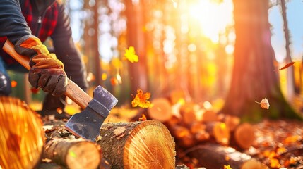 Chopping wood with an axe in a vibrant autumn forest, golden sunlight and falling leaves