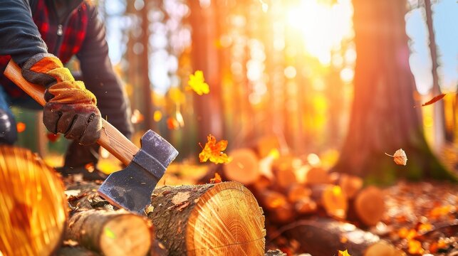 Chopping wood with an axe in a vibrant autumn forest, golden sunlight and falling leaves