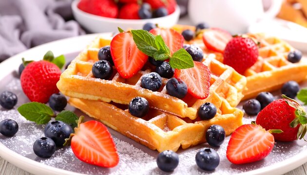 Stack of waffles topped with fresh berries